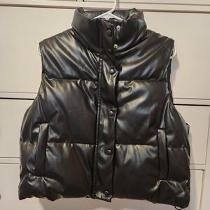 Black Faux Leather Puffer Vest for Women